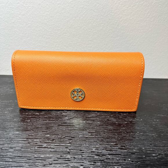 🆕 NWOT Tory Burch Sunglasses Case Orange with Gold Emblem Logo Leather Like - Picture 1 of 11